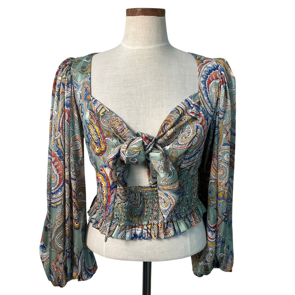 Elliatt Paisley Print Tie Front Puff Sleeve Crop Top Smocked Waist Size M Boho